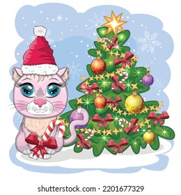Cute cartoon cat in Santa's hat near the decorated Christmas tree. Winter 2023, Christmas and Chinese New Year.