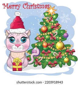 Cute cartoon cat in Santa's hat near the decorated Christmas tree. Winter 2023, Christmas and Chinese New Year.