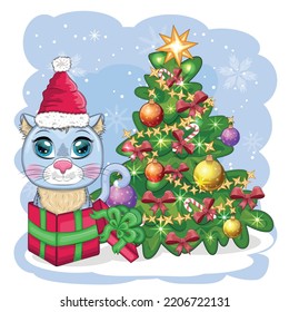 Cute cartoon cat in Santa's hat near the decorated Christmas tree. Winter 2023, Christmas and Chinese New Year.