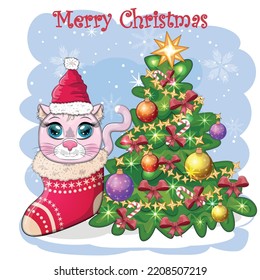 Cute cartoon cat in Santa's hat near the decorated Christmas tree. Winter 2023, Christmas and Chinese New Year.