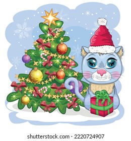Cute cartoon cat in Santa's hat near the decorated Christmas tree. Winter 2023, Christmas and Chinese New Year.