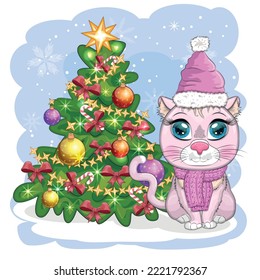 Cute cartoon cat in Santa's hat near the decorated Christmas tree. Winter 2023, Christmas and Chinese New Year.