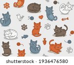 Cute Cartoon Cat Seamless Pattern on Light Background. Vector