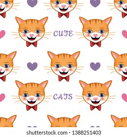 Cute cartoon cat seamless pattern. Sweet cats, hearts, and texts on an isolated white background. For children fabric, backdrop, textile, wallpaper, etc. EPS-10 vector with printable CMYK colors.