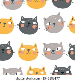 Cute cartoon cat with seamless pattern