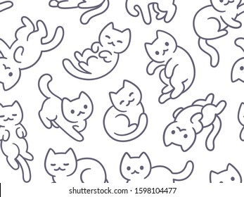 Cute cartoon cat seamless pattern. Hand drawn kitty doodles in different poses, vector background illustration.