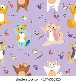 Cute Cartoon Cat diseño de patrón sin fisuras y diseño plano.