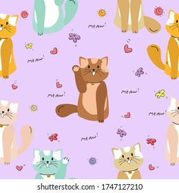 Cute Cartoon Cat diseño de patrón sin fisuras y diseño plano.