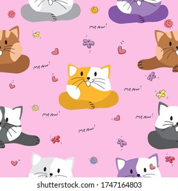 Cute Cartoon Cat seamless pattern doodle and flat design.