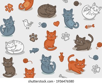 Cute Cartoon Cat Seamless Pattern on Light Background. Vector