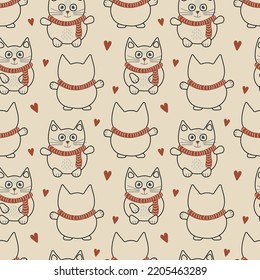 Cute cartoon cat seamless pattern. Kitten in scarf and red hearts repeat on pink background. Vector illustration for kids design.