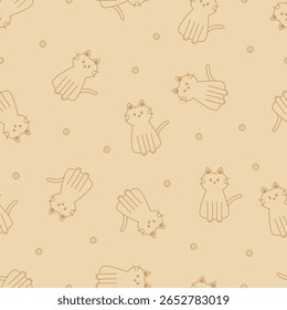 Bonito desenho animado gato sem emenda padrão apresentando personagens de animais de estimação gatinho. Coleção de gatinhos, perfeita para impressões infantis. O padrão é ideal para papel de parede, embalagem, tecido e impressões têxteis.