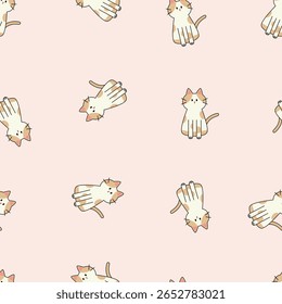Bonito desenho animado gato sem emenda padrão apresentando personagens de animais de estimação gatinho. Coleção de gatinhos, perfeita para impressões infantis. O padrão é ideal para papel de parede, embalagem, tecido e impressões têxteis.