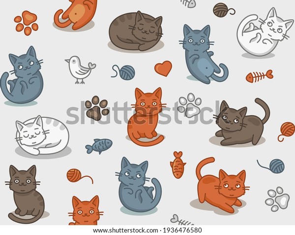 Cute Cartoon Cat Seamless Pattern on Light\
Background. Vector