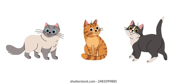 Cute cartoon cat set. Adorable domestic cats sitting, standing. Fluffy siamese pet, orange tabby and black and white. Lovely kitten flat vector illustration isolated on white background