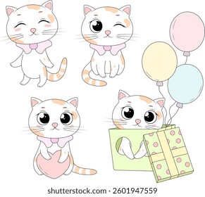 Cute Cartoon Cat Set. Adorable Kitten with Heart and Balloons in Different Poses
