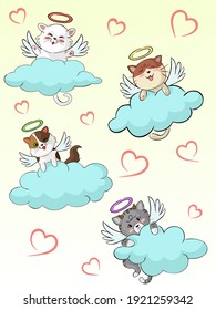 Cute Cartoon-Katzenform mit Flügeln auf blauer Wolke in verschiedenen PoVektorgrafik-Vektorgrafik-Vektorgrafik-Vektorgrafik-Formen