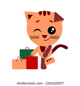Cute cartoon cat shopping. The cat stands next to the packages and winks.