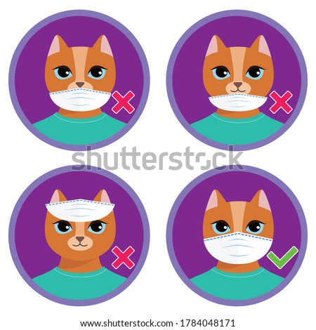 The cute cartoon cat shows how to wear face mask properly. Wrong and right ways to use medical protective mask. Funny illustration for children