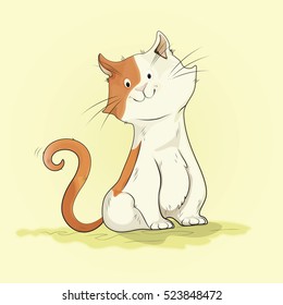 Cute cartoon cat sitting alone on on the grass
