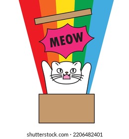 Cute cartoon cat sitting in a box, raise her hands and looking out. Pet in cardboard box. Vector illustration.