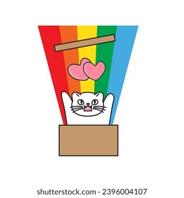 Cute cartoon cat sitting in brown cardboard box with pink hearts isolated on white background. Diversity for transgender and Valentine's day concept. Vector illustration. 