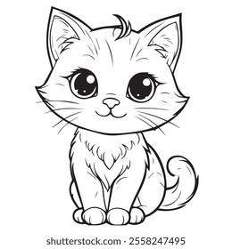 Cute Cartoon Cat, sitting with folded paws. Cute white kitten in cartoon style. Vector illustration. Hero figurine for children's products. coloring page. Cat vector for children to learn to coloring.