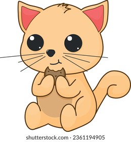 Cute cartoon cat sitting and holding a cookie. Vector illustration.
