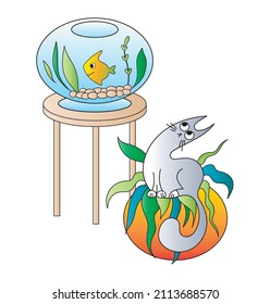 Cute cartoon cat sitting on a flower pot and watching acquarium fish. Doodle vector illustration for children.