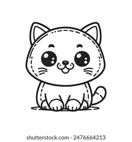 A cute cartoon cat is sitting on the ground. It has a big smile on its face and its eyes are wide open