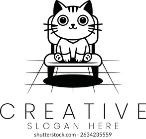 Cute cartoon cat sitting on a chair. Simple minimalist design perfect for logos and illustrations