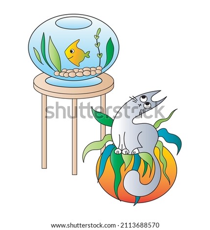 Cute cartoon cat sitting on a flower pot and watching acquarium fish. Doodle vector illustration for children.
