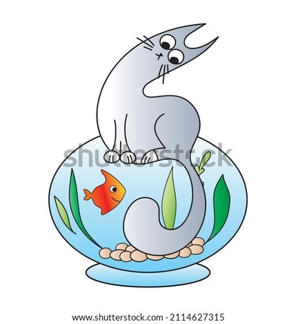 Cute cartoon cat sitting on acquarium and watching acquarium fish. Doodle vector illustration for children.