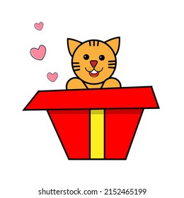 Cute cartoon cat sitting in red cardboard box with pink hearts isolated on white background. Vector illustration..