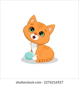 Cute cartoon cat sitting .Red kitten on white background.Funny ginger kitten.Vector illustration