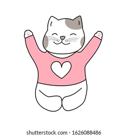 Cute cartoon cat sitting and smiling hand drawn style, Cute cartoon funny animal character.