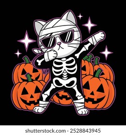 A cute cartoon cat in a skeleton costume dabbing with pumpkins around it.