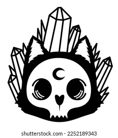Cute cartoon cat skull. Magic crystals and cat's skull. Vector illustration on dark background isolated on white. Cat silhouette. Tattoo, symbol line art drawing, boho print, poster, t-shirt, textiles
