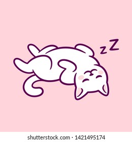 Cute cartoon cat sleeping with belly up. Adorable white kitty hand drawn doodle. Isolated vector clip art illustration.