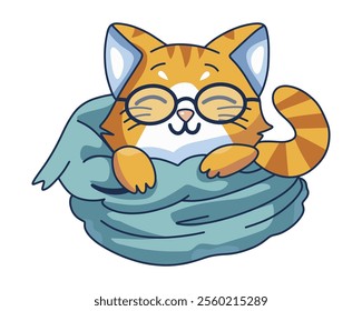 Cute Cartoon Cat Sleeping with Glasses in a Blue Basket for a Quirky Home Decor Theme Illustration. Vector illustration