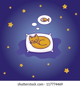 Cute cartoon cat sleeping on pillow, vector illustration