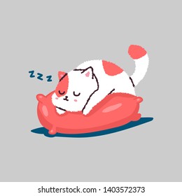 Cute cartoon cat sleeping on pillow. Vector pet character isolated on background.