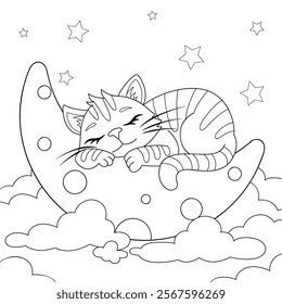 Cute cartoon cat sleeping on the moon in clouds. Black and white illustration for coloring book