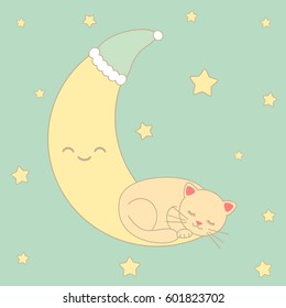 cute cartoon cat sleeping on the moon surrounded by stars vector illustration