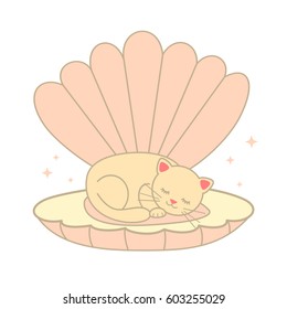 cute cartoon cat sleeping in the shell vector illustration

