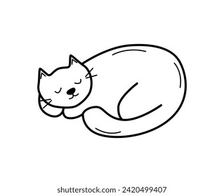 Cute cartoon cat is sleeping. Vector doodle illustration of a funny pet cat. Isolate on white.