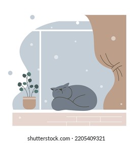 Cute cartoon cat sleeping in a window. Vector winter illustration.
