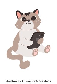 Cute gato de dibujos animados con un icono plano de smartphone. Ilustración del vector