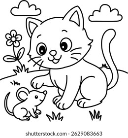 Cute cartoon cat with a smiling mouse on its head in a coloring page style. Fun and simple line art for kids, featuring animals in a sunny outdoor scene.