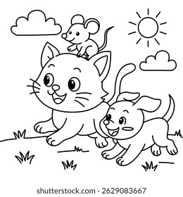 Cute cartoon cat with a smiling mouse on its head in a coloring page style. Fun and simple line art for kids, featuring animals in a sunny outdoor scene.